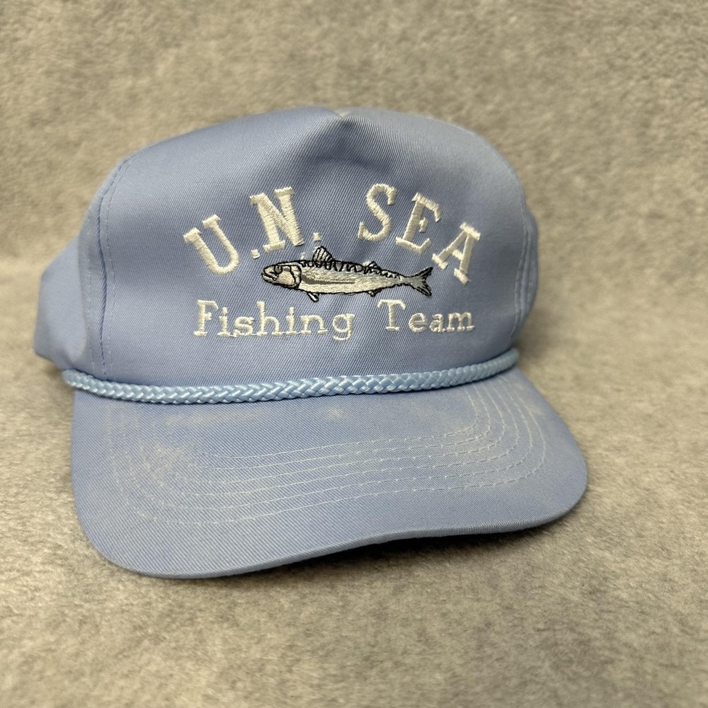 Vintage U.N. SEA Hat Cap Snap Back Light Blue Fishing Team Embroidered Mens‎ 80s